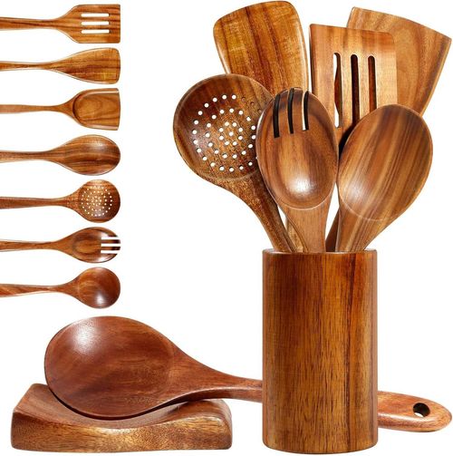 9-Piece Natural Teak Wood Kitchen Utensil Set with Storage Stand, Non-Slip Comfort Grip Cooking Tools