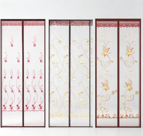 Magnetic Embroidery Screen Door, No Drill Self Closing Anti Mosquito Mesh Curtain, 3 Styles Optional, Oriental Floral Butterfly & Modern Geometric Leaf Pattern Bug Screen for Bedroom Balcony Rental Home