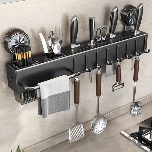 Multifunctional Wall-Mounted Metal Suction Rack, Kitchen Organiser for Chopsticks, Knives & Towels
