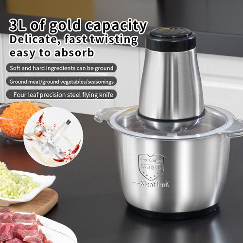 Moedor de carne elétrico multifuncional com grande capacidade de 3 litros, fácil de limpar, com design de proteção em aço inoxidável de três camadas, ideal para uso doméstico.