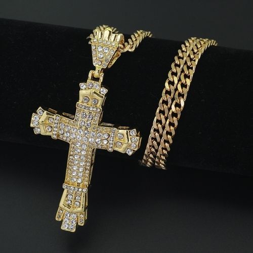 Hip-hop all-match cross necklace hot selling fashion diamond pendant men's electroplating 18K necklace