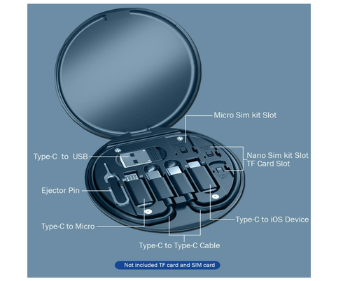 9 in 1 Cable Case.USB C Adapter Kit, Multi Charging Cable Case Convertor USB C to iOS Device Type C Micro Adapter Data Transfer Contains Card Slot for Traveling, Use as Phone Holder(Midnight Blue)