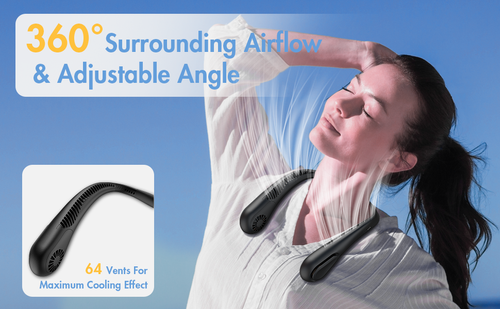 Bladeless Neck Fan, 5000mAh Rechargeable Battery Powered, 3 Speeds, Angle Adjustable, Hand-free Portable Neck Fan for Both Outdoor & Indoor Use, UL Certified, Black