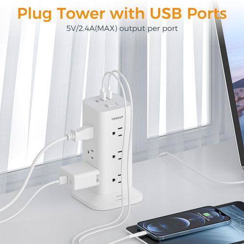 1050J Surge Protector Power Bar Tower, TESSAN Flat Plug Extension Cord 6 Feet with 12 AC Outlets 3 USB Ports (1 USB C), Charging Station for Home, Office Supplies, Dorm Room Essentials