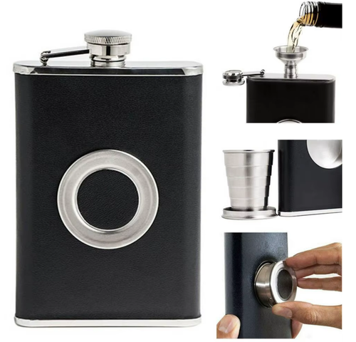 Wine portable hip flask with built-in collapsible glass and funnel .