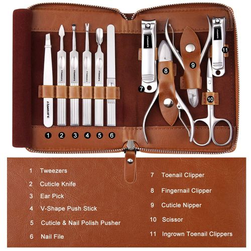 Manicure Set, Professional Manicure Kit Nail Clippers Set 11 in 1 Stainless Steel Pedicure Tools Nail Kit Grooming Tool with Portable Brown Leather Travel Case Luxury Gifts for Him