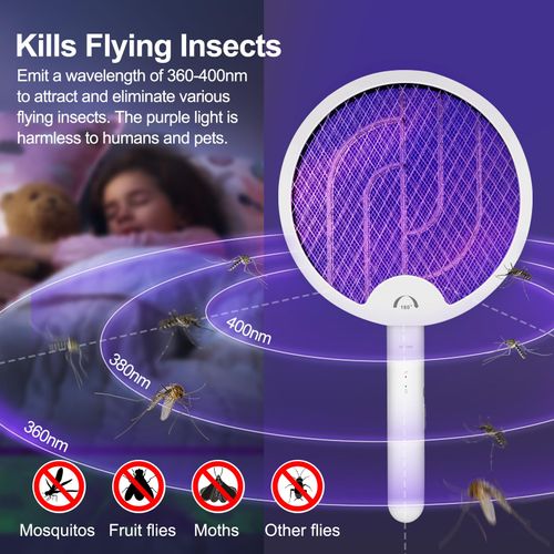 Foldable Electric Fly Swatter Racket, Portable 2 in 1 Bug Zapper Racket, Fly Killer and Mosquito Trap Lamp, USB Rechargeable with 1200mAh Battery for Indoor and Outdoor Home Backyard Patio Camping