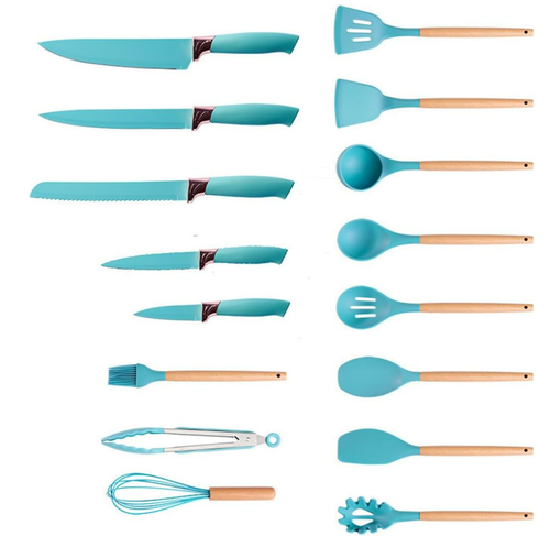 19 Pieces Kitchen Utensils and Knife Set with Block, Inldued 9 Pieces Silicone Cooking Utensils Set 5 Pieces Sharp Stainless Steel Chef Knives Scissors Whisk Tongs and Cutting Board (TEAL)