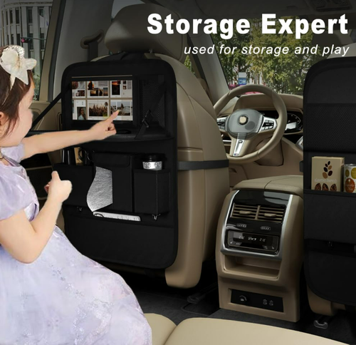 Aiuwo Car Backseat Organizer with Tablet Holder Storage Kick Mat Seat Protector,PU Leather Premium Car SeatBack Organizer with Foldable Table for Kids Toddlers Travel (Black, Plain weave)