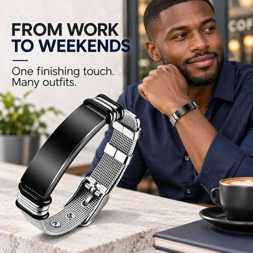 Adjustable Mesh Band Bracelet | Black & Silver
