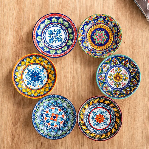 Antique Bohemian Style Ceramic round Plate Sauce Dish Set Classic Porcelain Tableware with Plant Pattern Dishwasher Safe