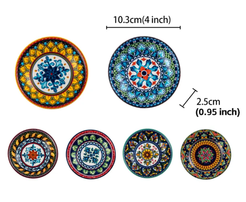 Antique Bohemian Style Ceramic round Plate Sauce Dish Set Classic Porcelain Tableware with Plant Pattern Dishwasher Safe