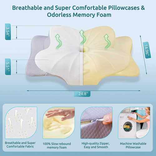 Cervical Pillow Contour Memory Foam Ergonomic Orthopedic Neck Support Pillow for Side Back Stomach Sleepers for Neck Pain Relief