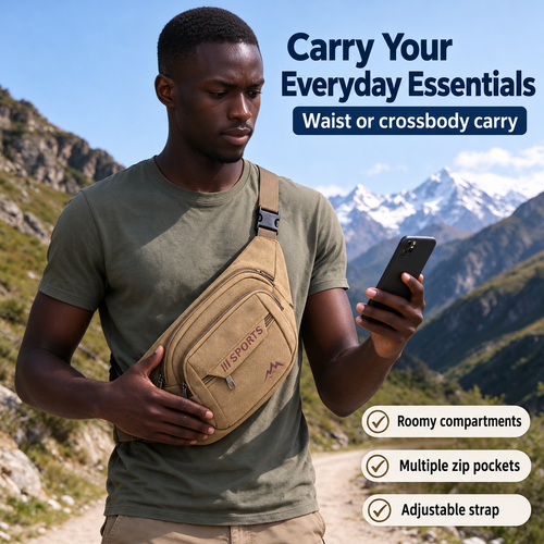 Khaki Canvas Waist Bag with Multiple Zip Pockets