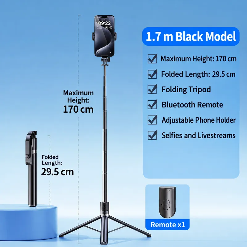 Black 170cm Selfie Stick Tripod with Bluetooth Remote - Compact When Folded