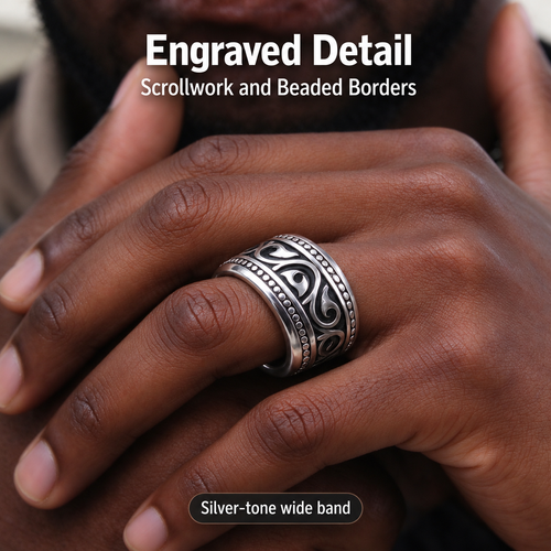 Silver-Tone Wide Ring with Engraved Scroll Design
