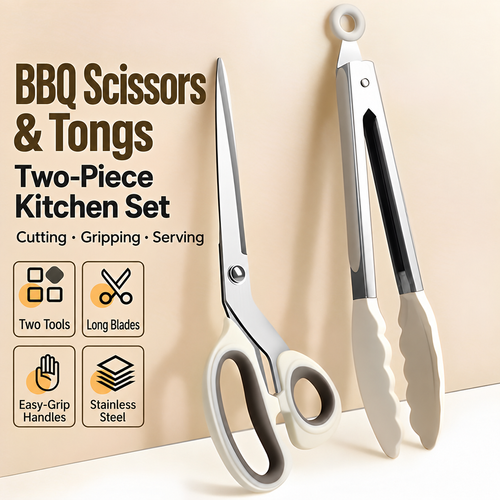 White-Handled Stainless Steel BBQ Scissors and Tongs Set