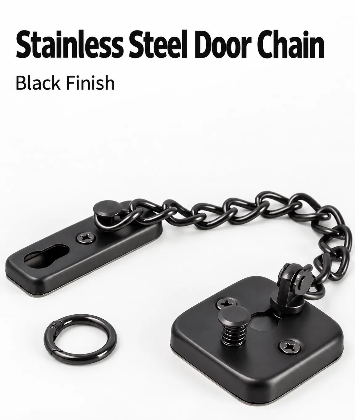 Black Adjustable Stainless Steel Door Chain with Mounting Kit - Black stainless steel finish