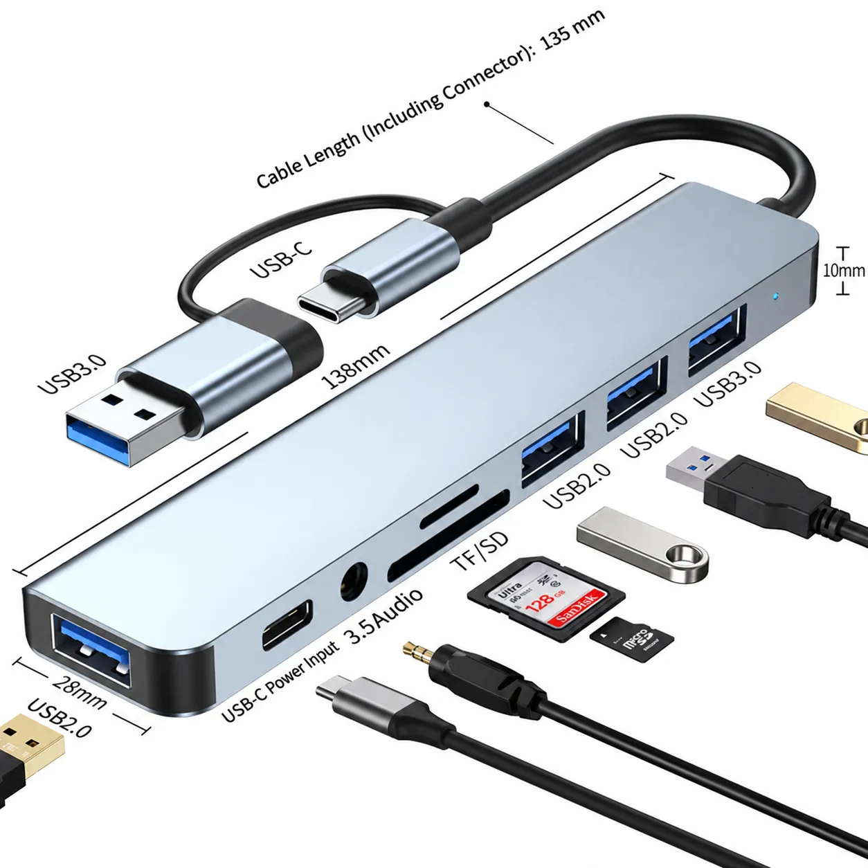 Silver 8-in-1 USB Hub with USB-A and USB-C Host Connectors - Compact Dimensions