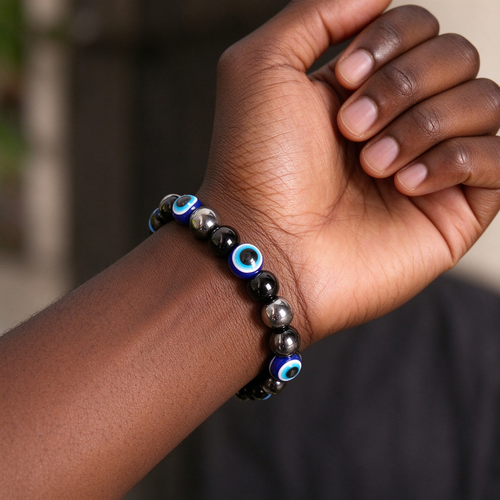 Black Bead Bracelet with Blue Eye Motifs