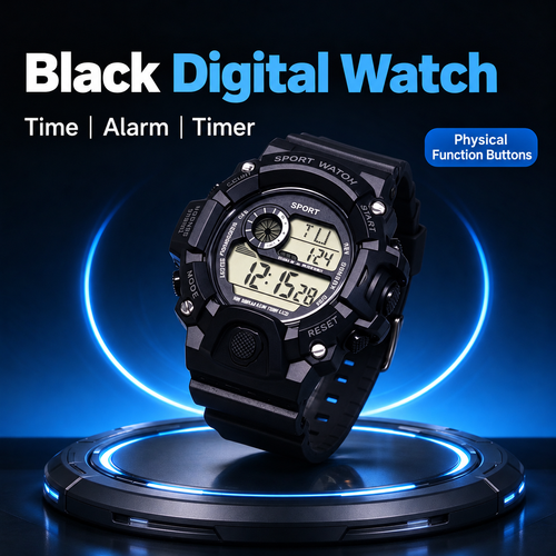 Black Digital Sports Watch with Light, Alarm and Timer
