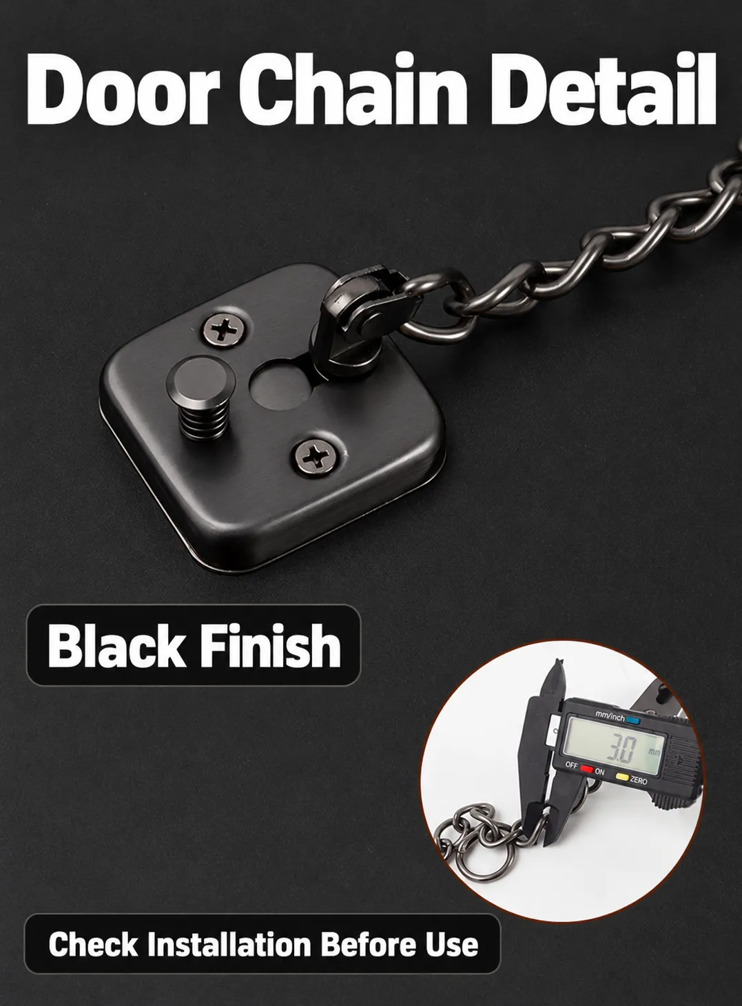 Black Adjustable Stainless Steel Door Chain with Mounting Kit - Dimensions to compare