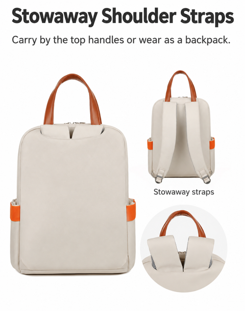 Beige Convertible Laptop Backpack with Brown Handles