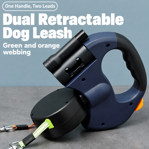 Navy Dual Retractable Dog Leash with Torch and Bag Holder