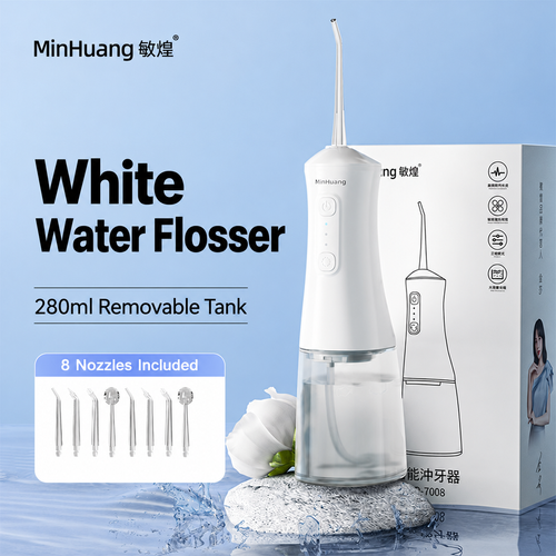White MinHuang Water Flosser with 280ml Tank and 8 Nozzles