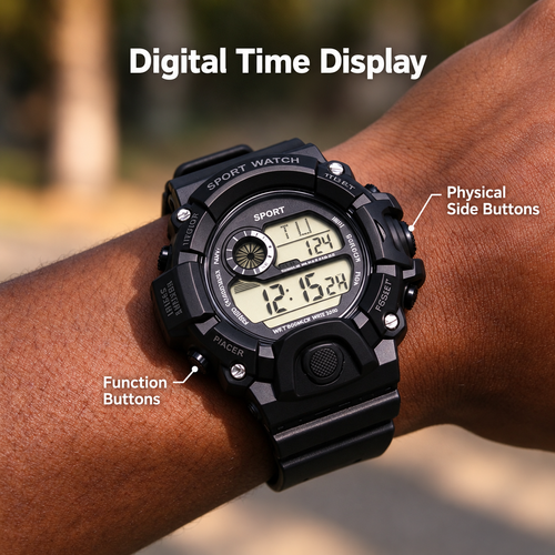 Black Digital Sports Watch with Light, Alarm and Timer