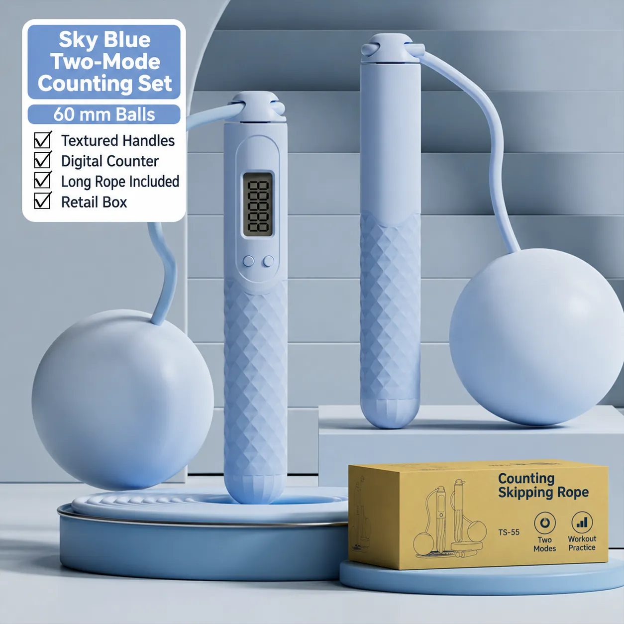 Sky Blue Counting Skipping Rope Set with Cordless Balls and Long Rope - overview