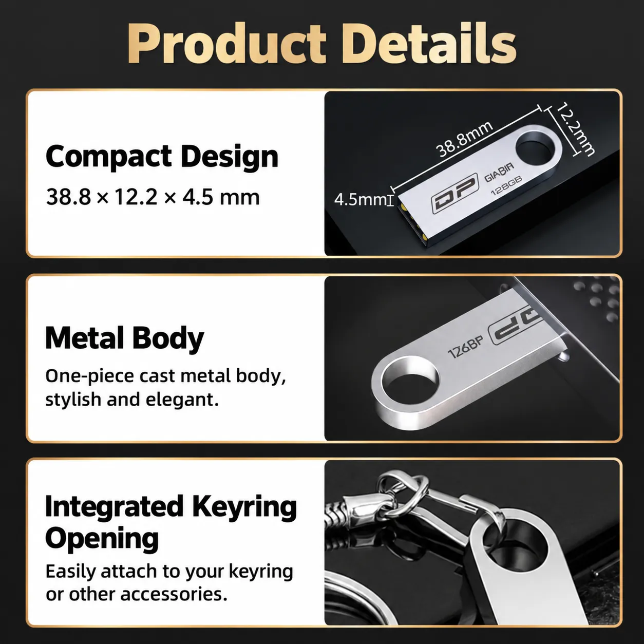 Silver 128GB Metal USB Flash Drive with Keyring Opening - Compact metal body