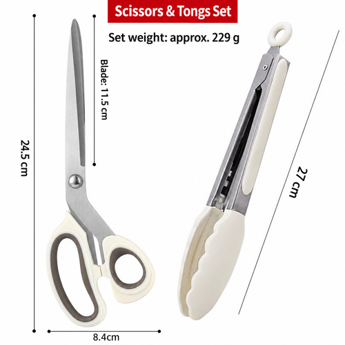 White-Handled Stainless Steel BBQ Scissors and Tongs Set