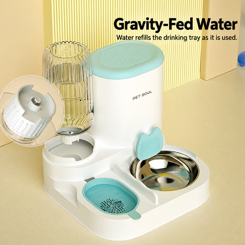Blue and White Gravity Pet Feeder and Waterer