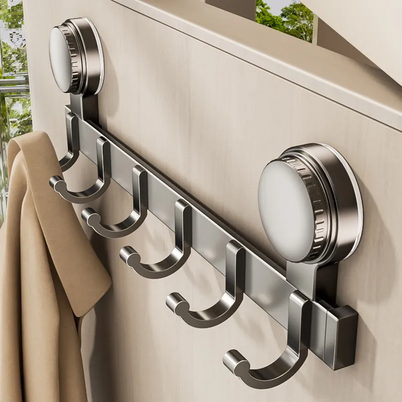 Grey 8-Hook Rail with Twist-Lock Suction Mounts - Eight hooks together