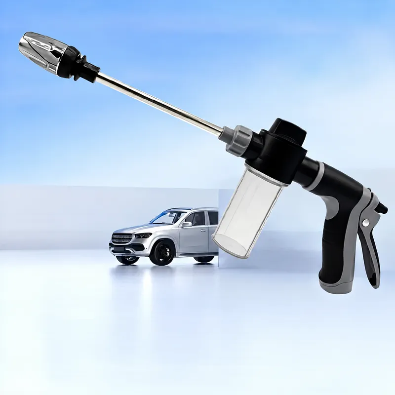 Black Long-Reach Car Wash Spray Gun with Foam Bottle - Long Metal Lance