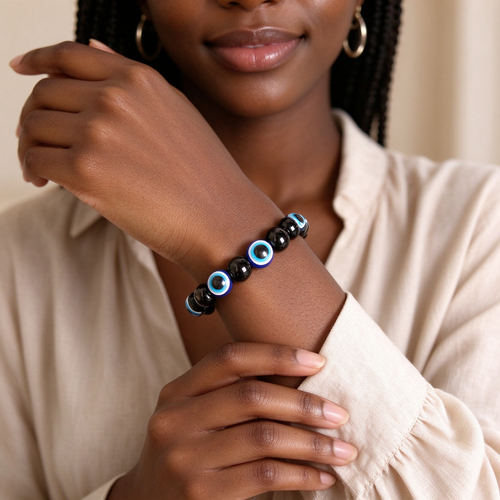 Black Bead Bracelet with Blue Eye Motifs