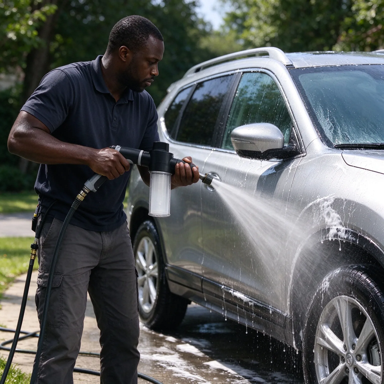 Black Long-Reach Car Wash Spray Gun with Foam Bottle - Trigger Handle and Bottle