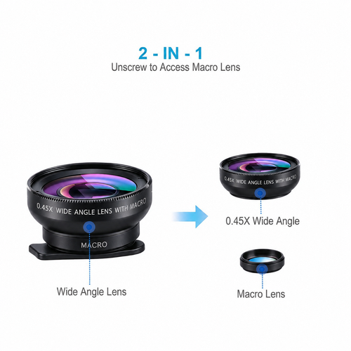 Black 0.45X Wide-Angle and Macro Clip-On Phone Lens