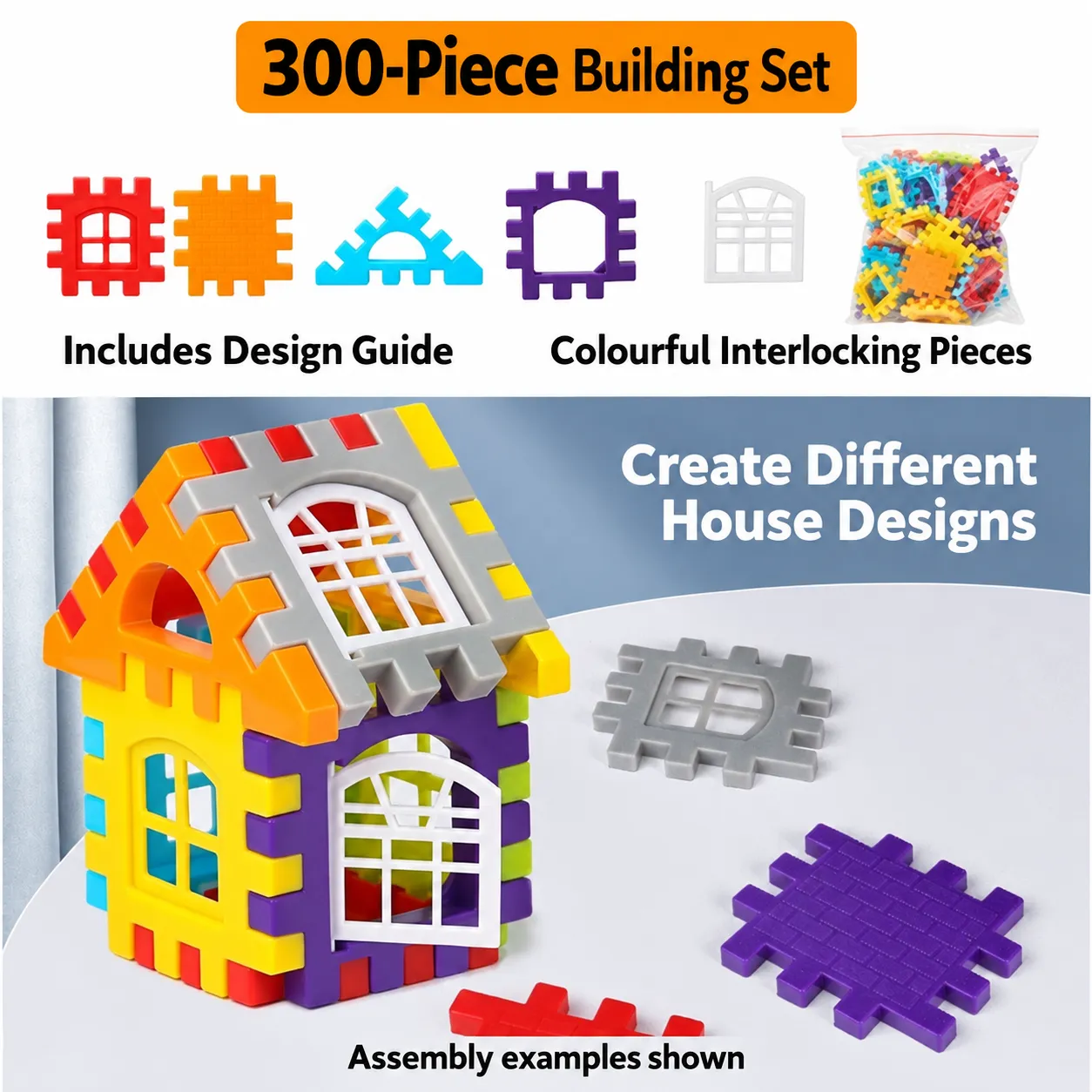 300-Piece Interlocking House Building Set with Design Guide - Connect and rearrange