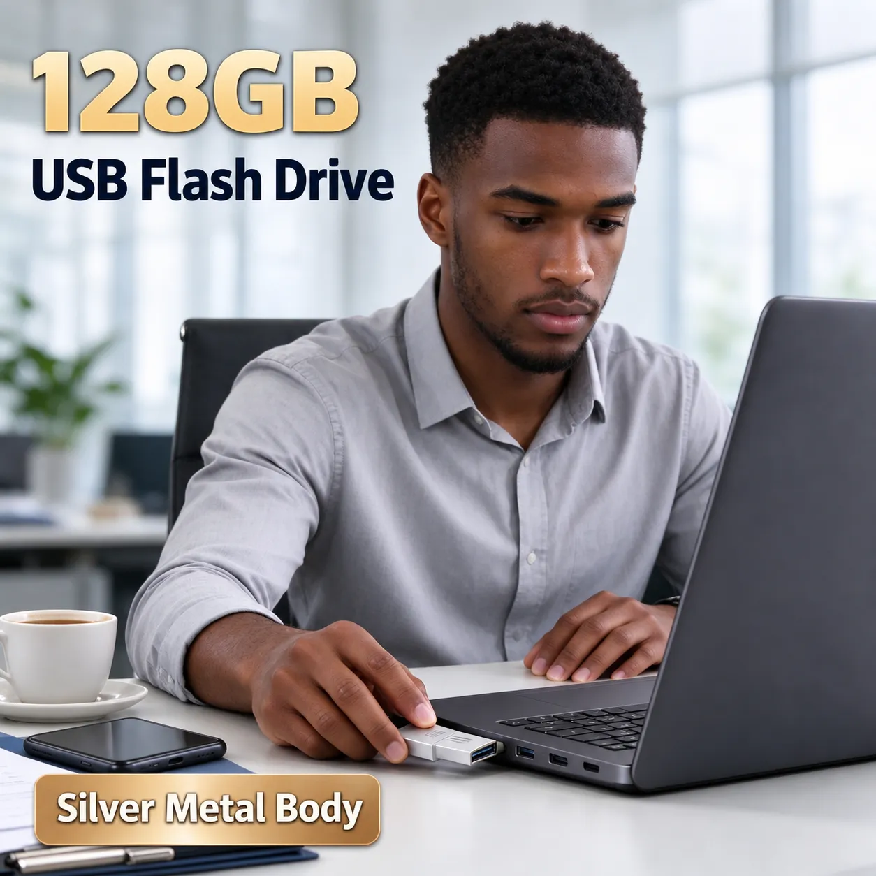 Silver 128GB Metal USB Flash Drive with Keyring Opening - Use with compatible equipment