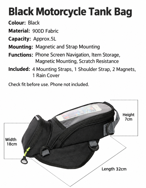 Black Magnetic Motorcycle Tank Bag with Phone Window - Approx. 5L