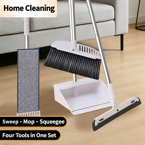 White 4-Piece Broom, Dustpan, Mop and Squeegee Set