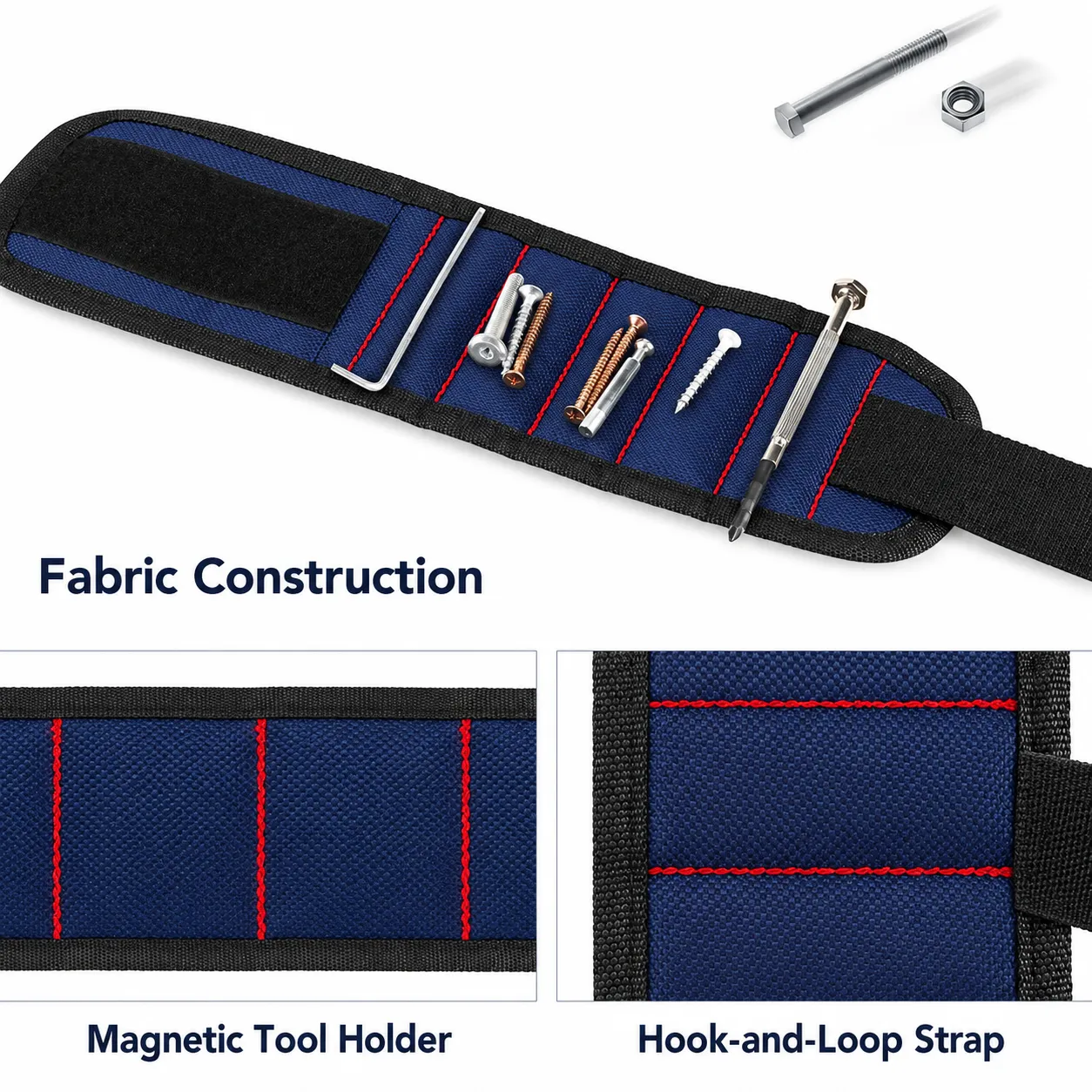Dark Blue Magnetic Tool Wristband with 5 Built-in Magnets - Fabric Construction