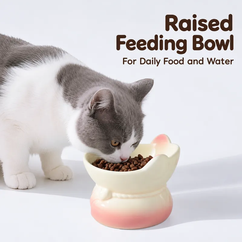 Beige Gradient Raised Ceramic Cat Bowl - 240ml - For Daily Feeding