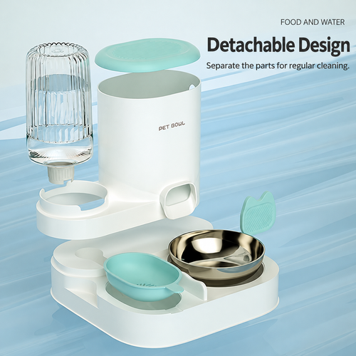 Blue and White Gravity Pet Feeder and Waterer