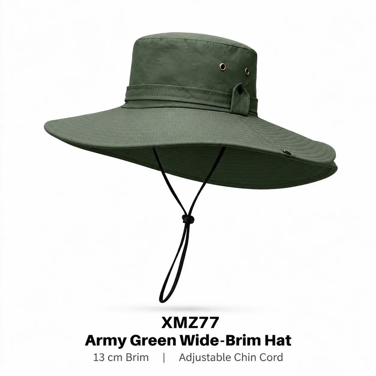 Army Green Wide-Brim Outdoor Hat with Chin Cord - Product details