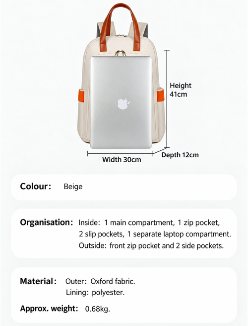 Beige Convertible Laptop Backpack with Brown Handles