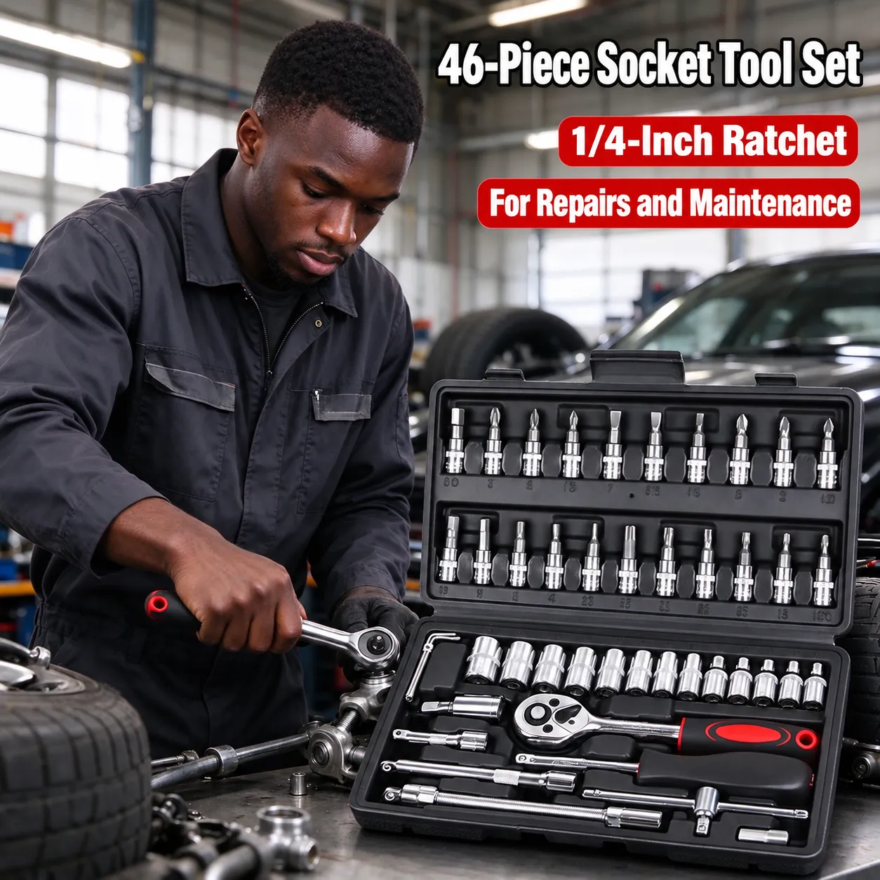 46-Piece Socket Tool Set with Quarter-Inch Ratchet and Black Case - Keep track of the set
