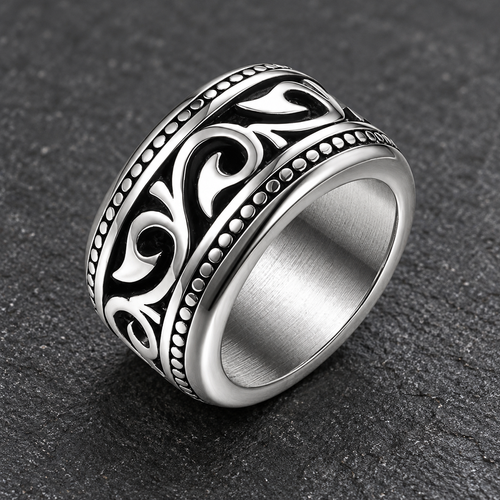 Silver-Tone Wide Ring with Engraved Scroll Design